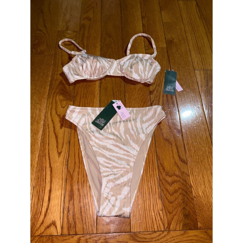 Wild Fable Beige‎ Tiger Print Underwire Bikini Set Ribbed High Leg XS 0-2 NEW